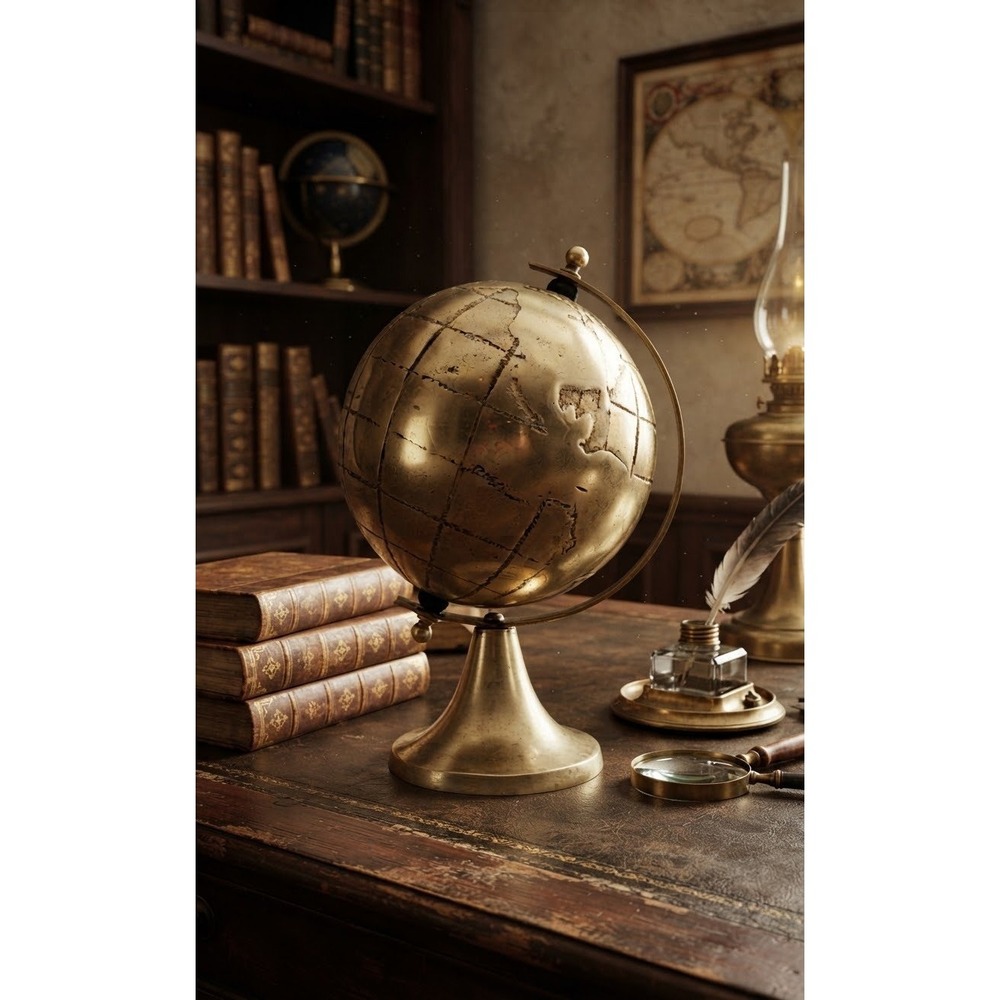 Vintage Solid Brass Desk Globe 7 Inch Rotating World Map India Decor 26oz